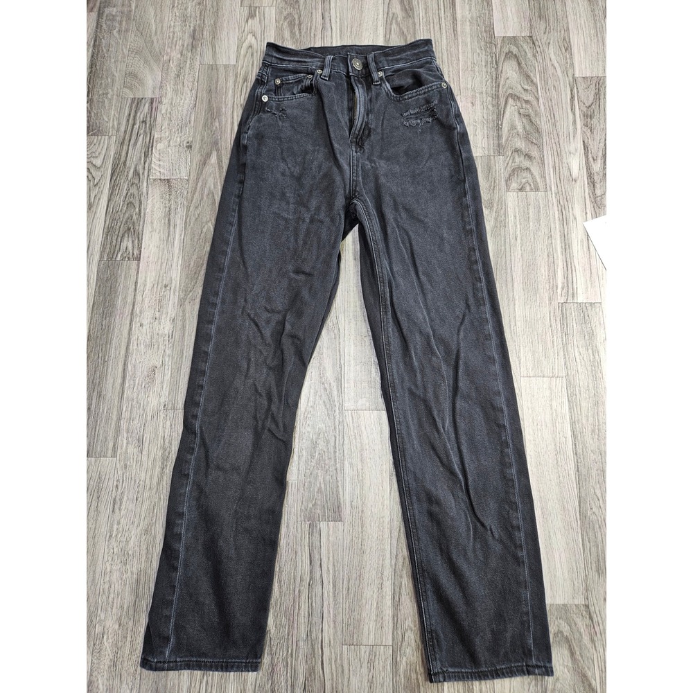 American Eagle Straight Leg Jeans Women 00 Black Distressed High Rise Denim